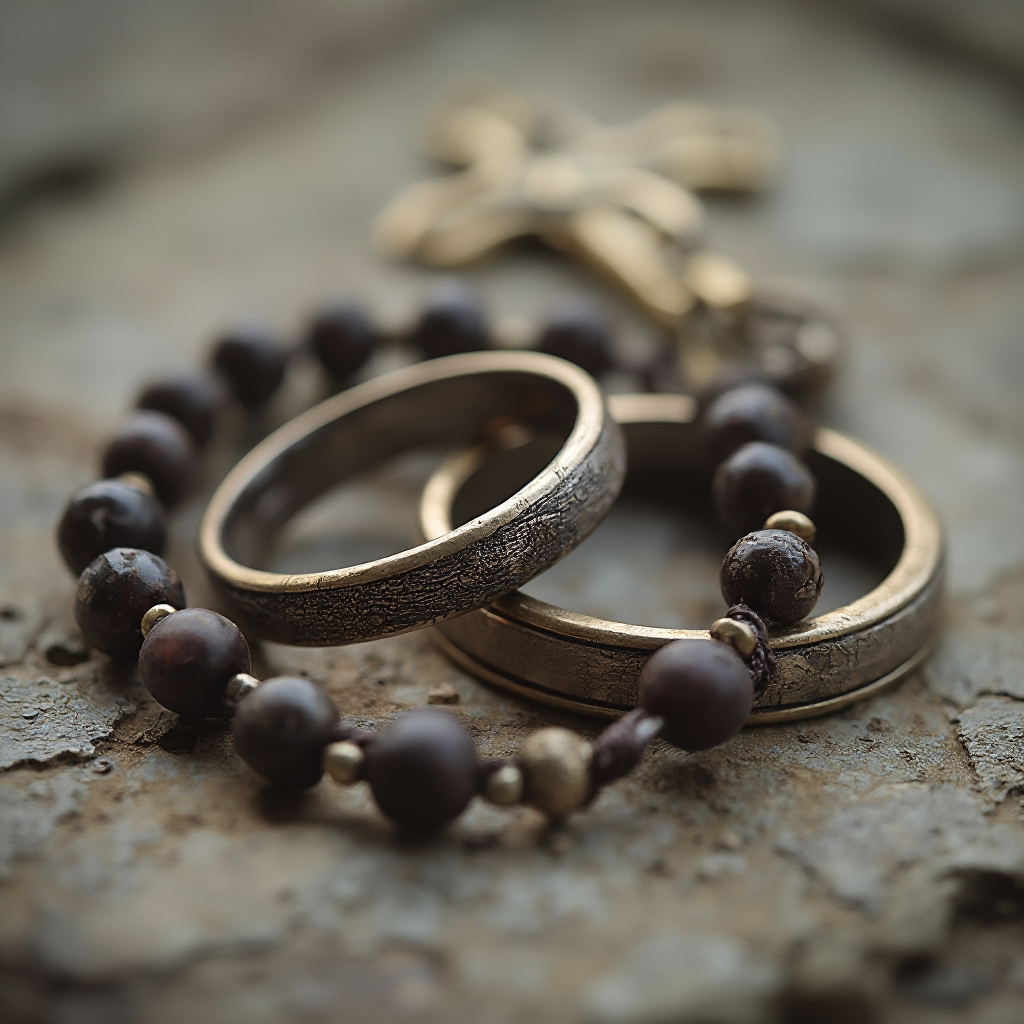 Artystyczne zdjęcie dwóch obrączek ślubnych splecionych z różańcem na kamiennym tle. Kadr poziomy, miękkie oświetlenie podkreślające fakturę metalu i koralików.