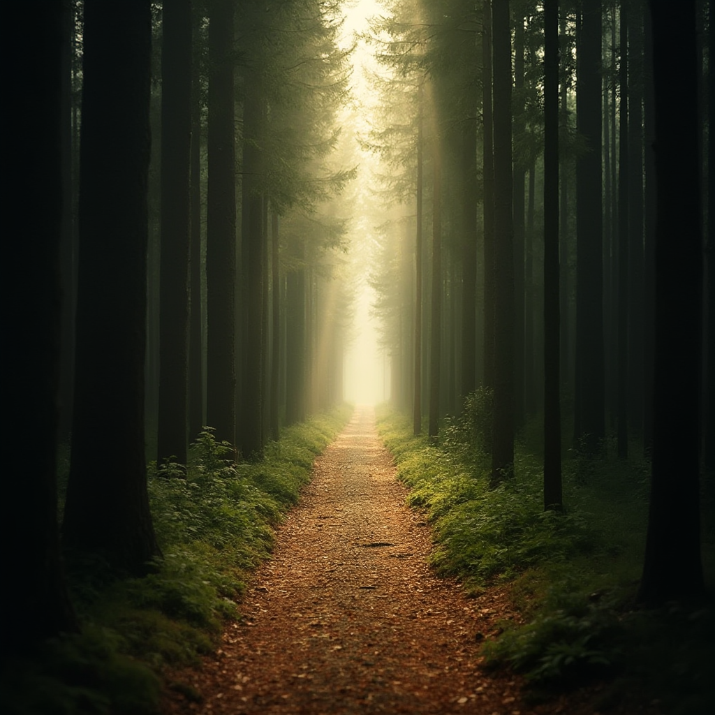 Symboliczna ścieżka w lesie oświetlona promieniami słońca przechodzącymi przez korony drzew. Kadr poziomy z głębią ostrości podkreślającą perspektywę.
