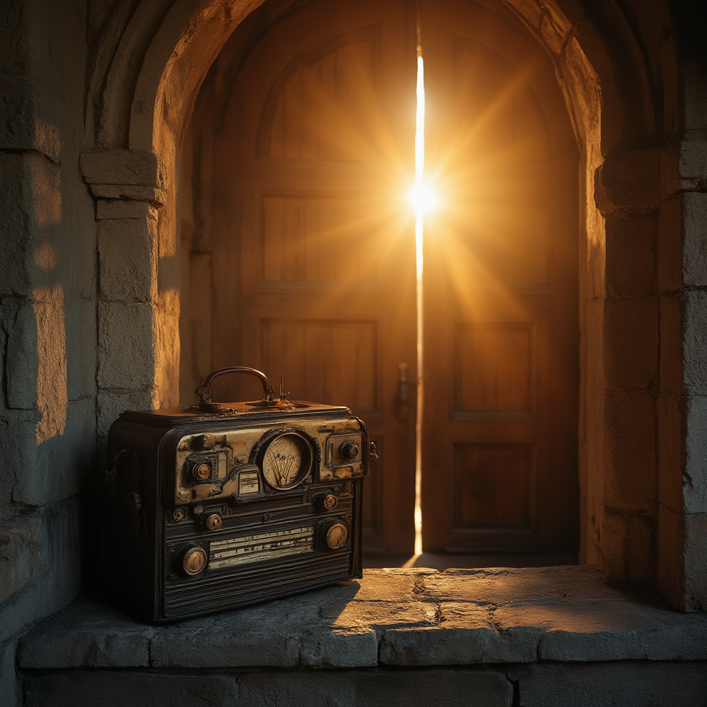 stary radioodtwarzacz w stylu vintage ustawiony na kamiennym parapecie gotyckiego kościoła, złote promienie zachodzącego słońca oświetlają masywne drewniane drzwi w tle