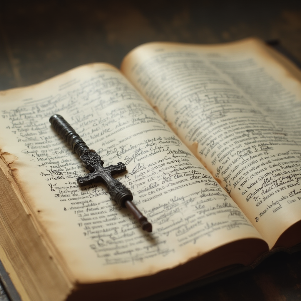otwarta Biblia z kartami oznaczonymi ornamentami, na marginesie ręcznie zapisane nuty, obok leży stalówkowe pióro i żelazny krzyż, zbliżenie na pergaminową fakturę papieru