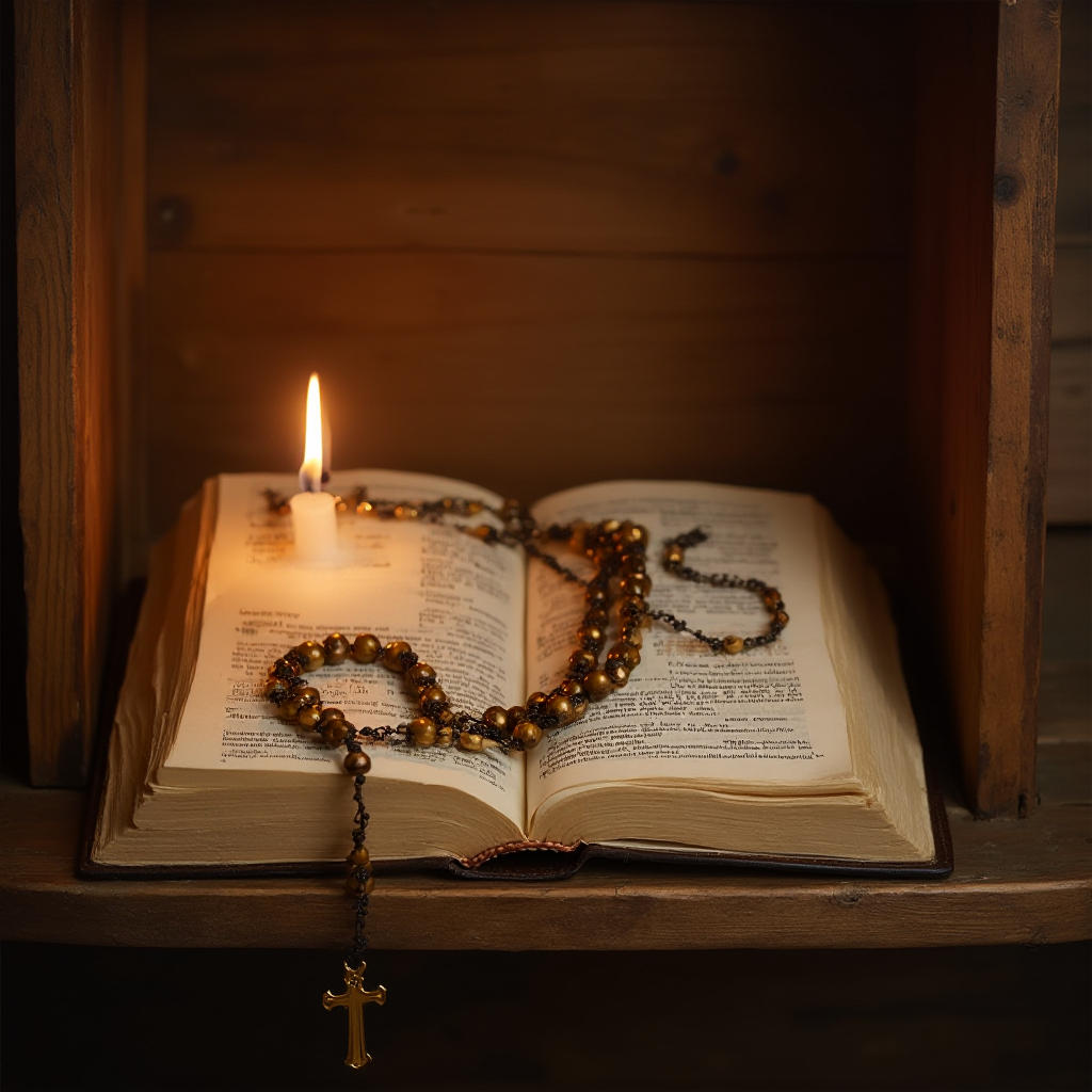 Drewniana półka z otwartą Biblią, świecą i brązowym różańcem ułożonym w kształt litery J. Kadr z boku, miękkie światło świec.