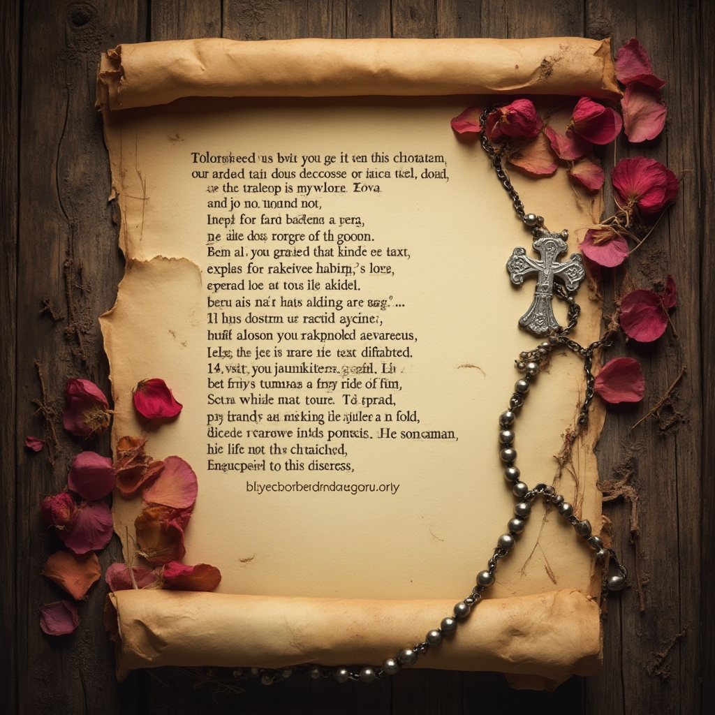 stary pergamin z tekstem modlitwy, obok srebrny różaniec i suszone płatki róż. Kadr z góry, stonowane kolory sepii.