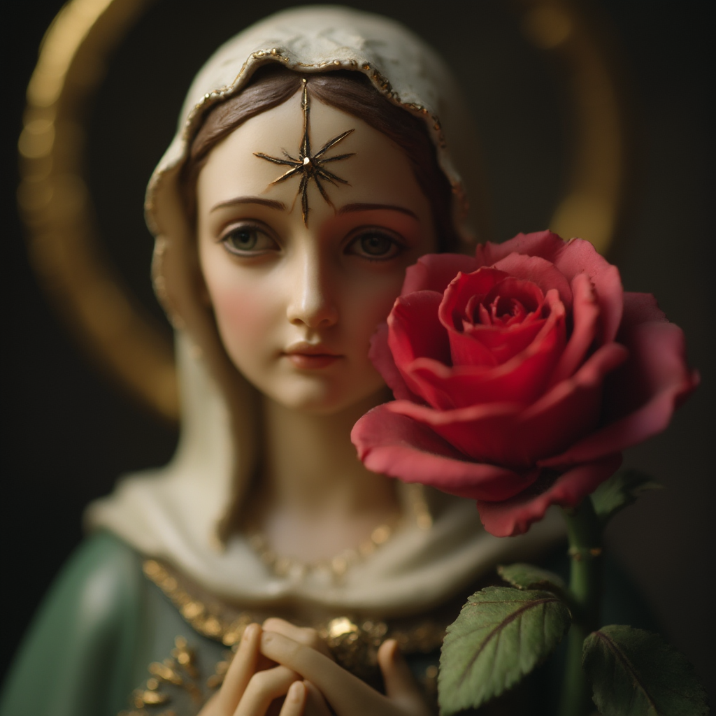 detal figurki św. Rity z widocznym cierniem na czole i różą w dłoni. Kadr makro, głębia ostrości na różę.