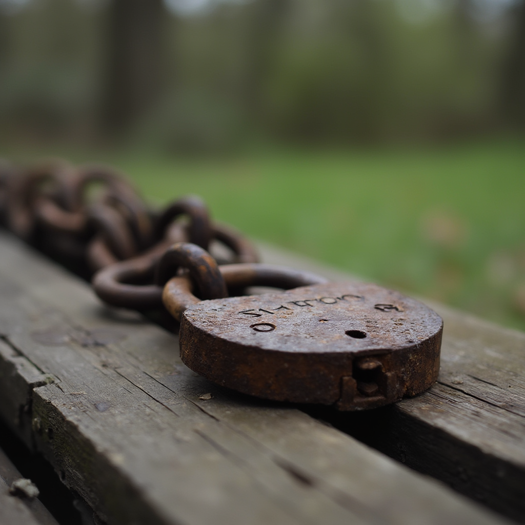 Stara żelazna kłódka z łańcuchem leżąca na drewnianej ławie. Makro, ostrość na zardzewiałe ogniwa, tło rozmyte.