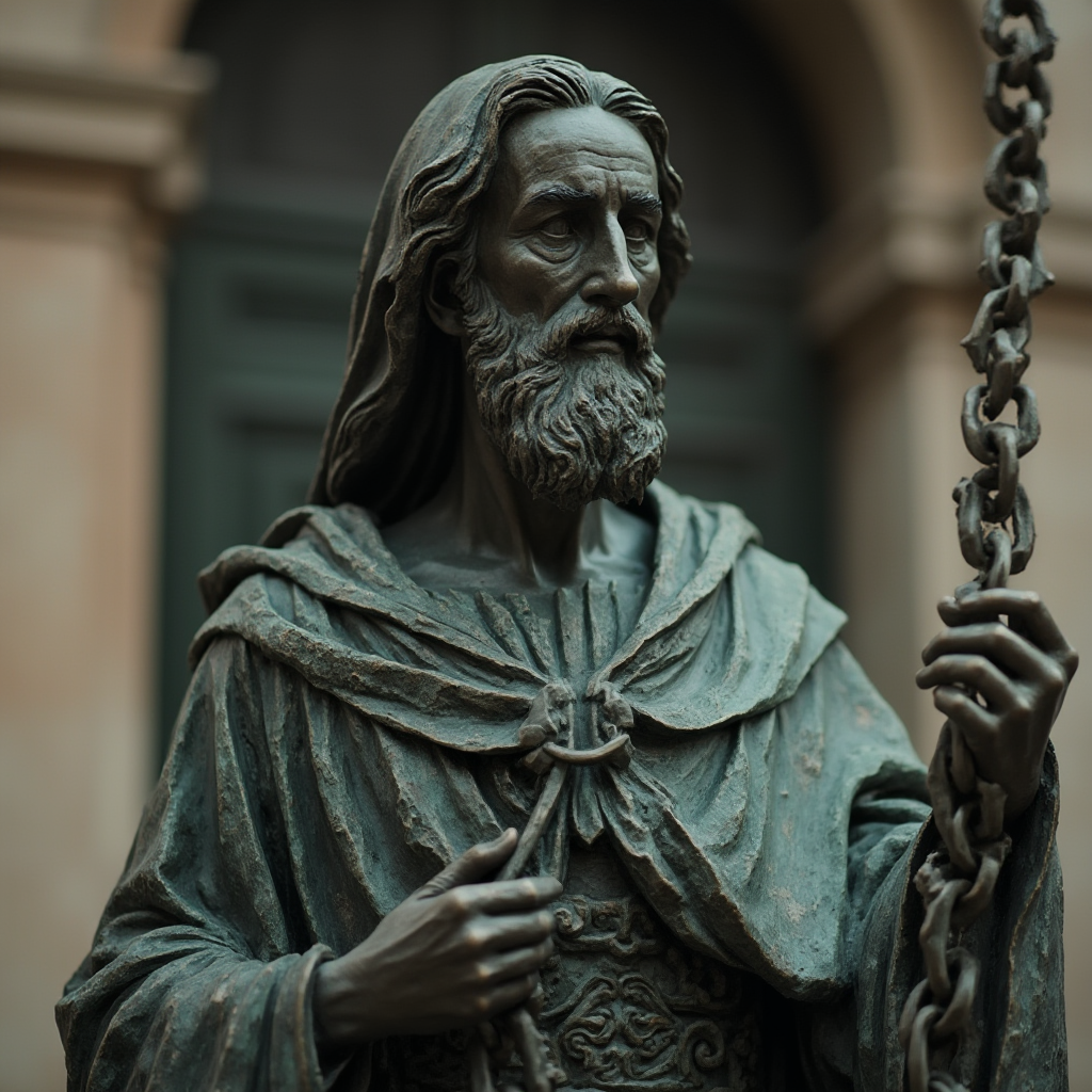 Gotowycka figura świętego w brązie trzymającego łańcuch. Kadr z boku, podkreślający dynamiczną pozę postaci.