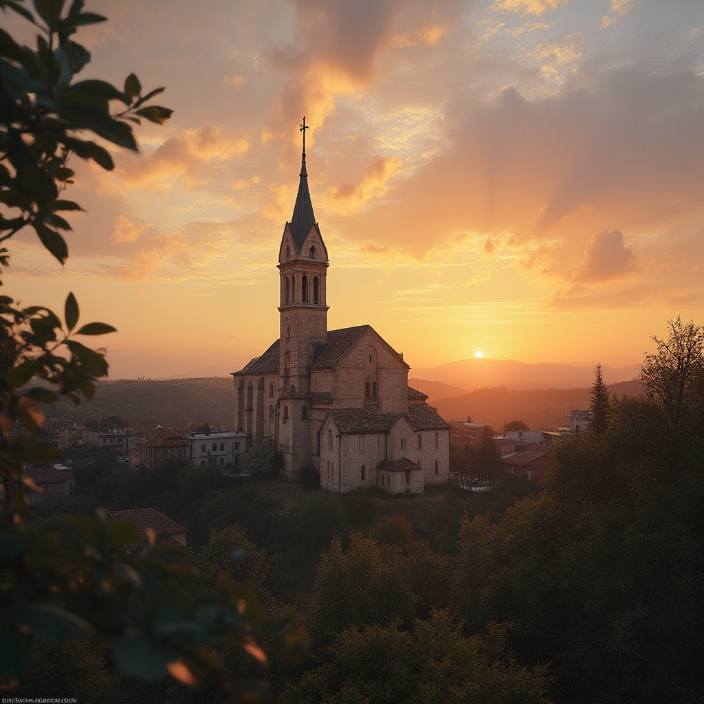 Klasztor redemptorystów o zachodzie słońca, widok na wieżę kościelną i proste zabudowania, kadr szeroki