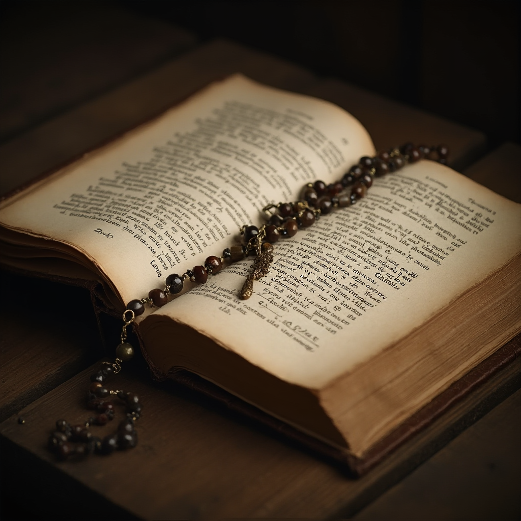 Stary modlitewnik z różańcem leżący na drewnianym pulpicie, strona otwarta na modlitwie do św. Gerarda, kadr zbliżenie