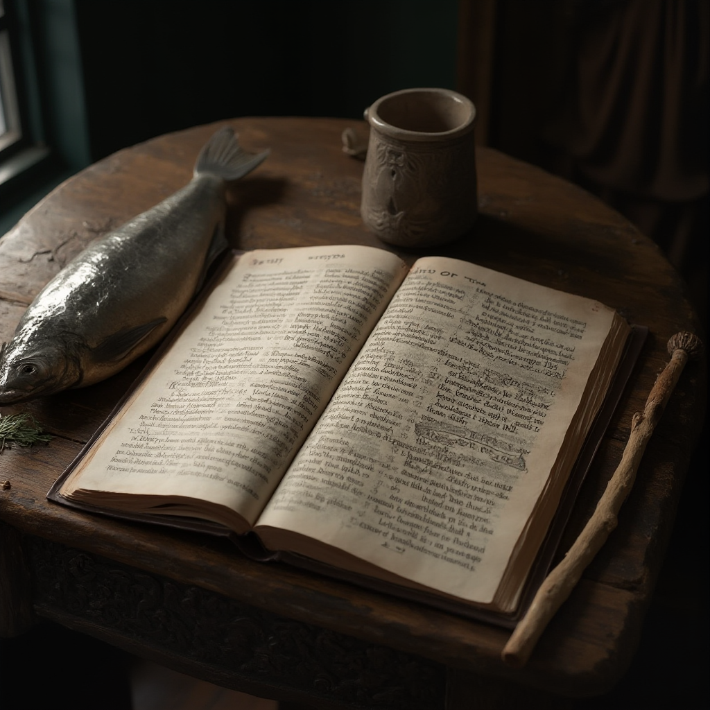 Stół z otwartą Biblią na Księdze Tobiasza, obok symboliczna ryba i pielgrzymi kij, kadr z góry, stonowane barwy, miękkie światło padające z lewej strony.