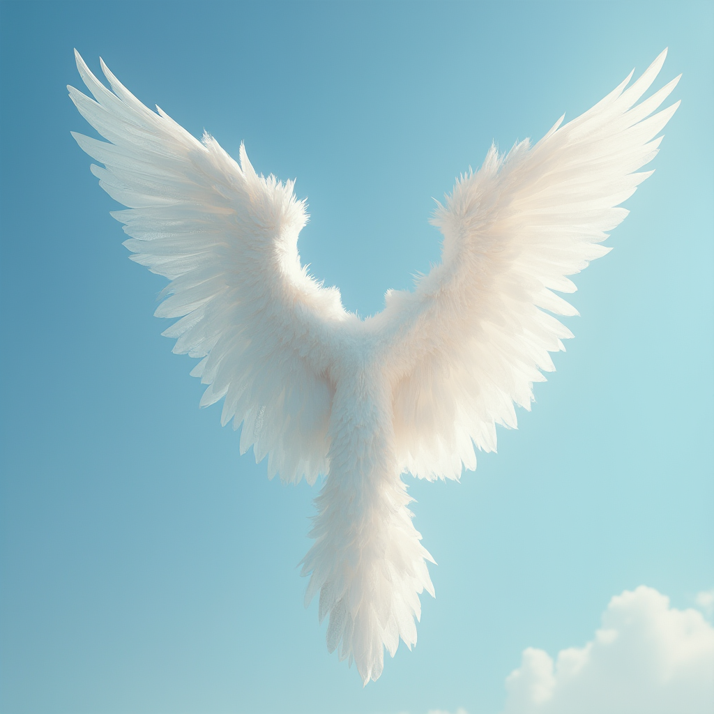 Artystyczne przedstawienie anielskich skrzydeł w opiekuńczym geście na tle błękitnego nieba, kadr pionowy, subtelne światło podkreślające detale piór.